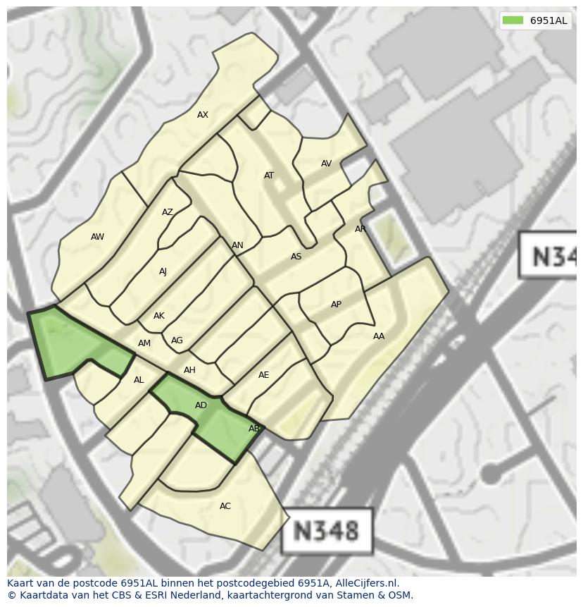 Afbeelding van het postcodegebied 6951 AL op de kaart.