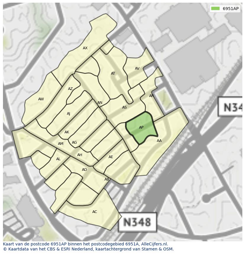 Afbeelding van het postcodegebied 6951 AP op de kaart.