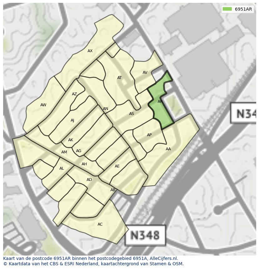 Afbeelding van het postcodegebied 6951 AR op de kaart.