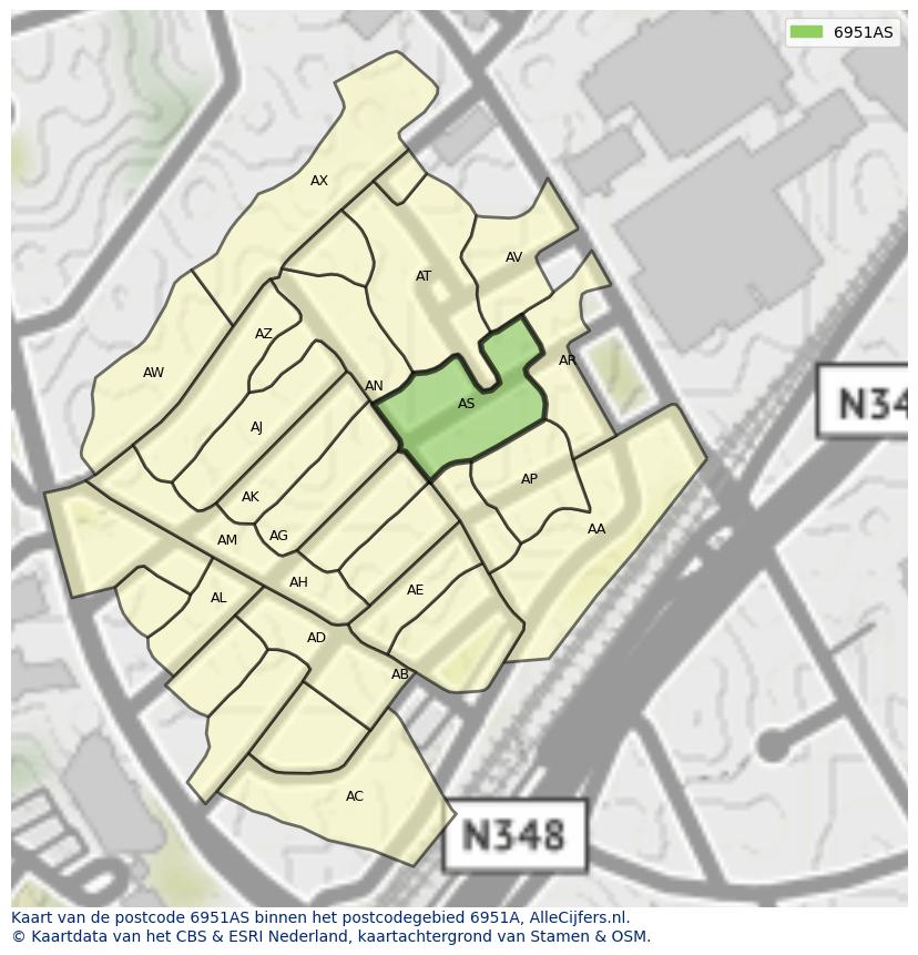 Afbeelding van het postcodegebied 6951 AS op de kaart.