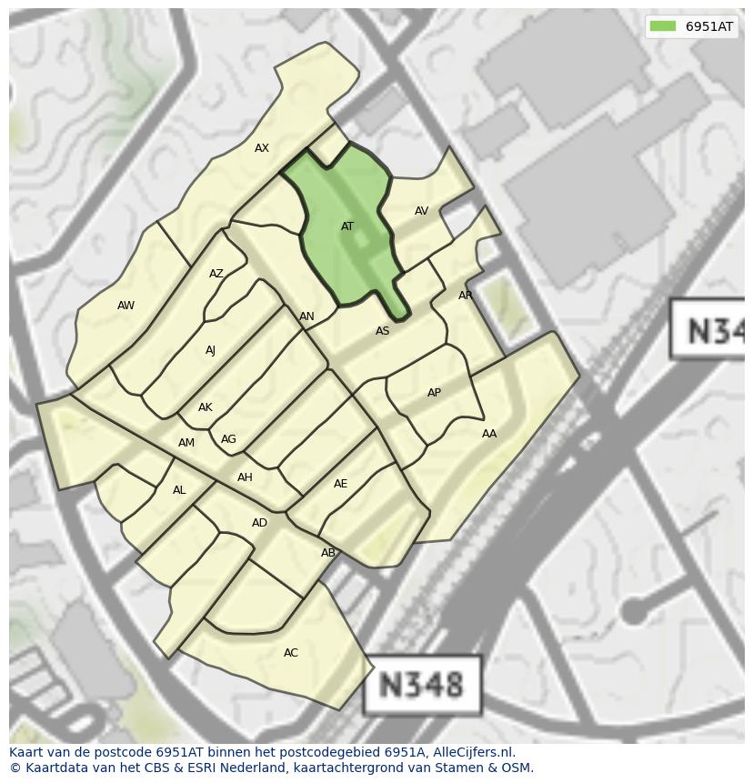 Afbeelding van het postcodegebied 6951 AT op de kaart.