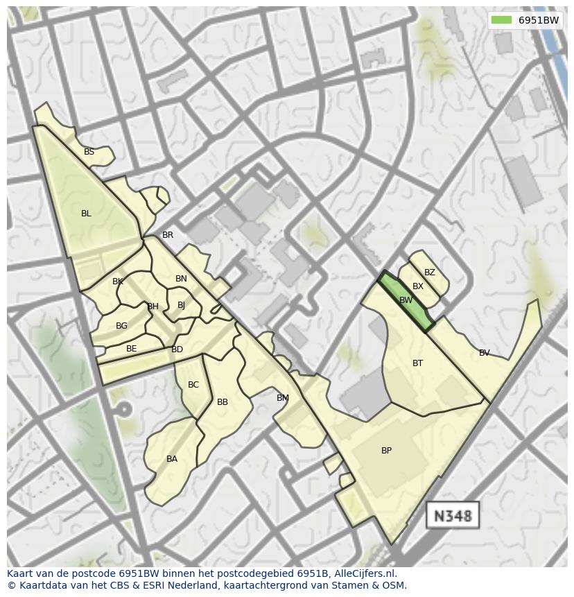 Afbeelding van het postcodegebied 6951 BW op de kaart.