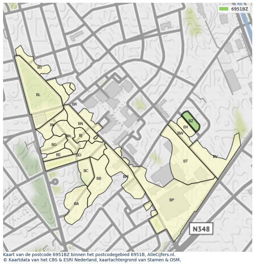 Afbeelding van het postcodegebied 6951 BZ op de kaart.