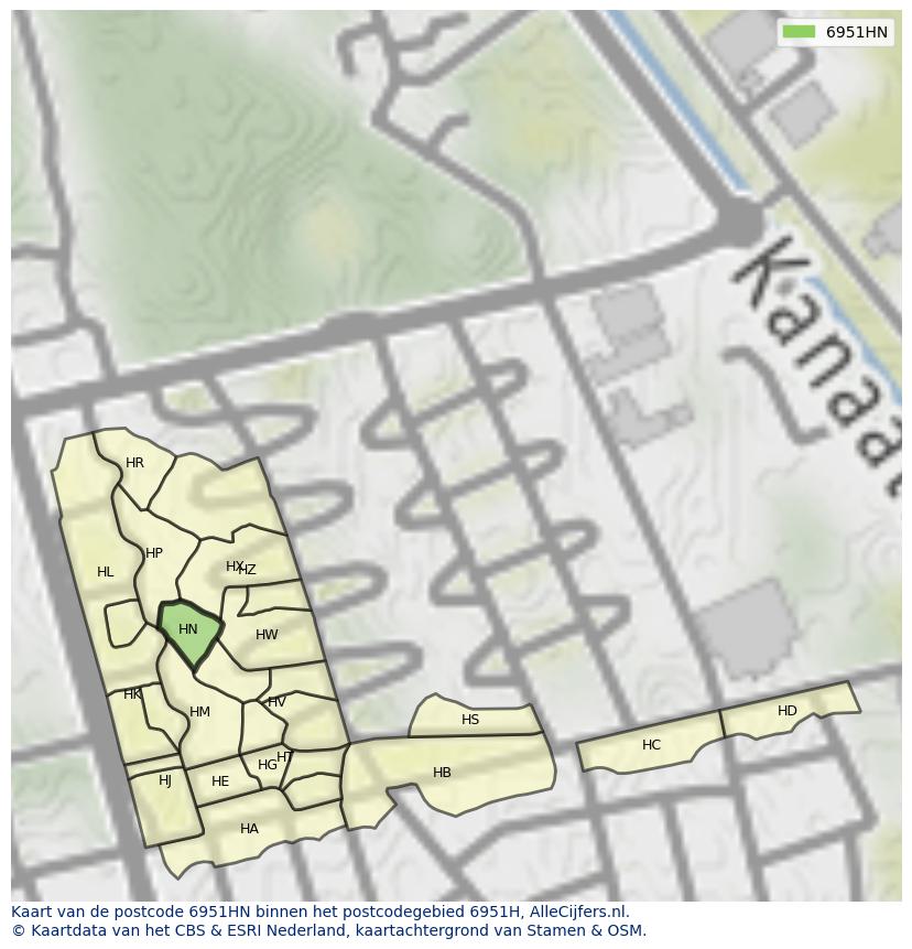 Afbeelding van het postcodegebied 6951 HN op de kaart.