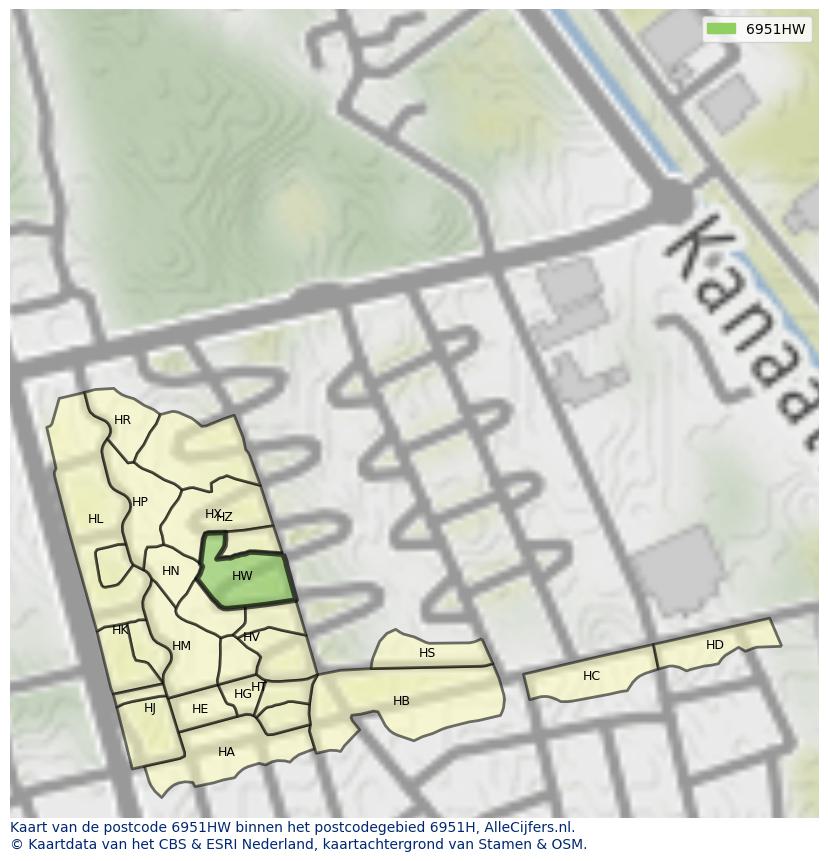 Afbeelding van het postcodegebied 6951 HW op de kaart.
