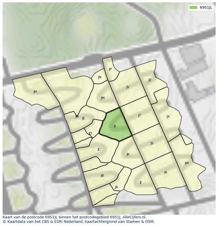 Afbeelding van het postcodegebied 6951 JL op de kaart.