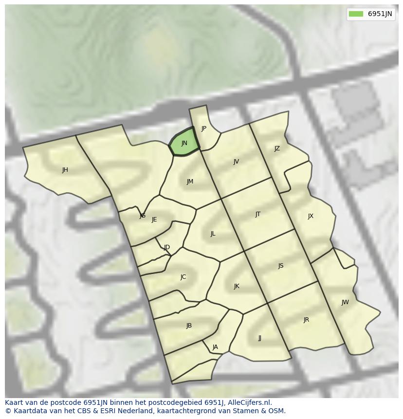 Afbeelding van het postcodegebied 6951 JN op de kaart.