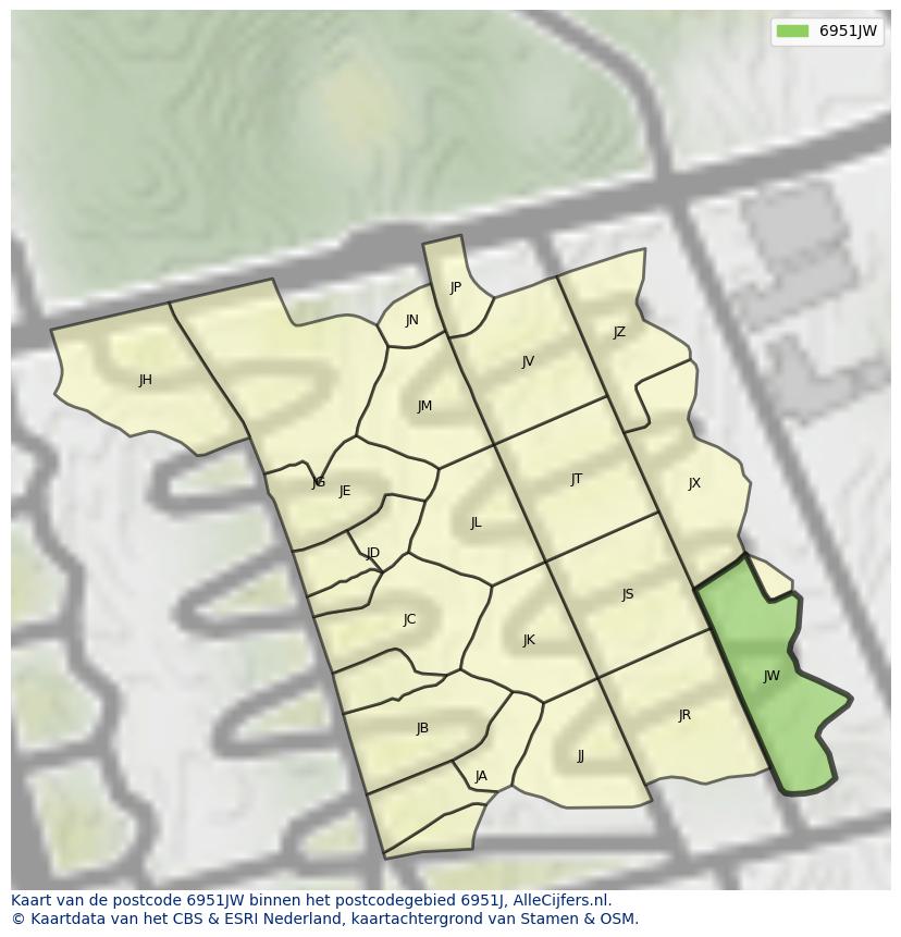 Afbeelding van het postcodegebied 6951 JW op de kaart.