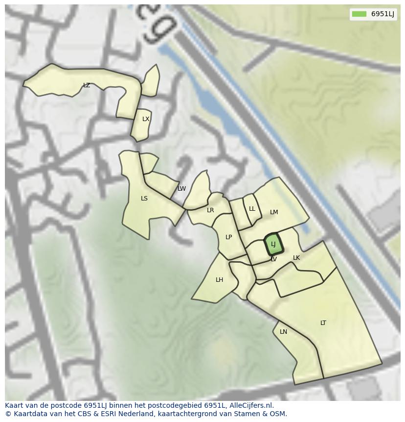 Afbeelding van het postcodegebied 6951 LJ op de kaart.