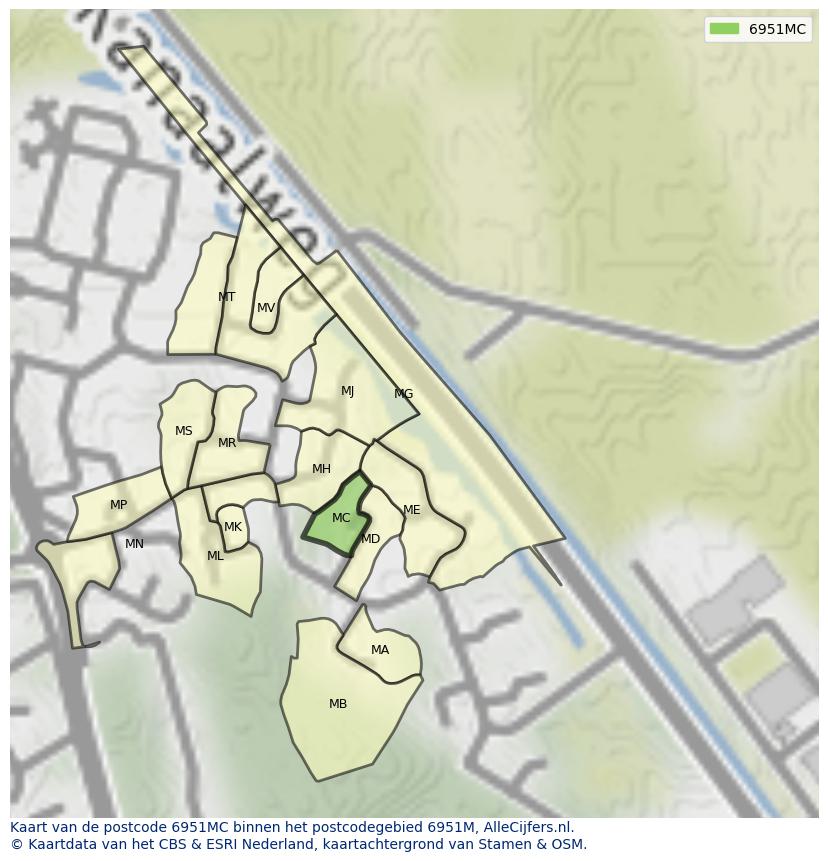 Afbeelding van het postcodegebied 6951 MC op de kaart.