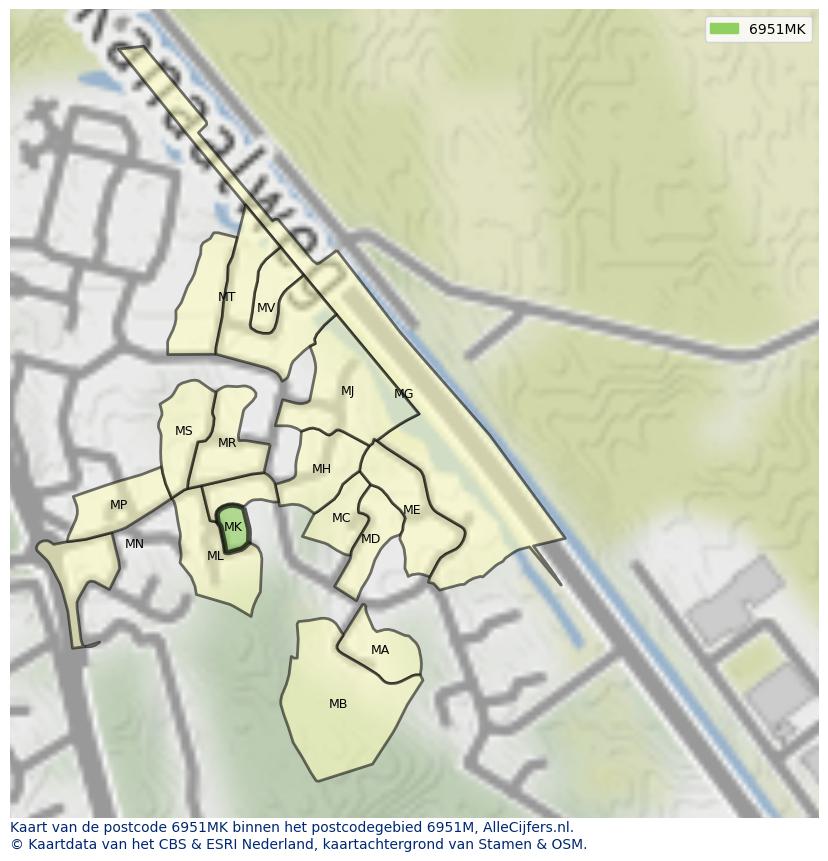 Afbeelding van het postcodegebied 6951 MK op de kaart.