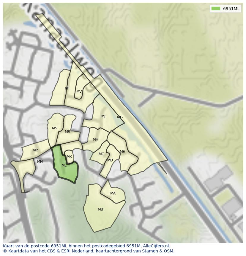 Afbeelding van het postcodegebied 6951 ML op de kaart.