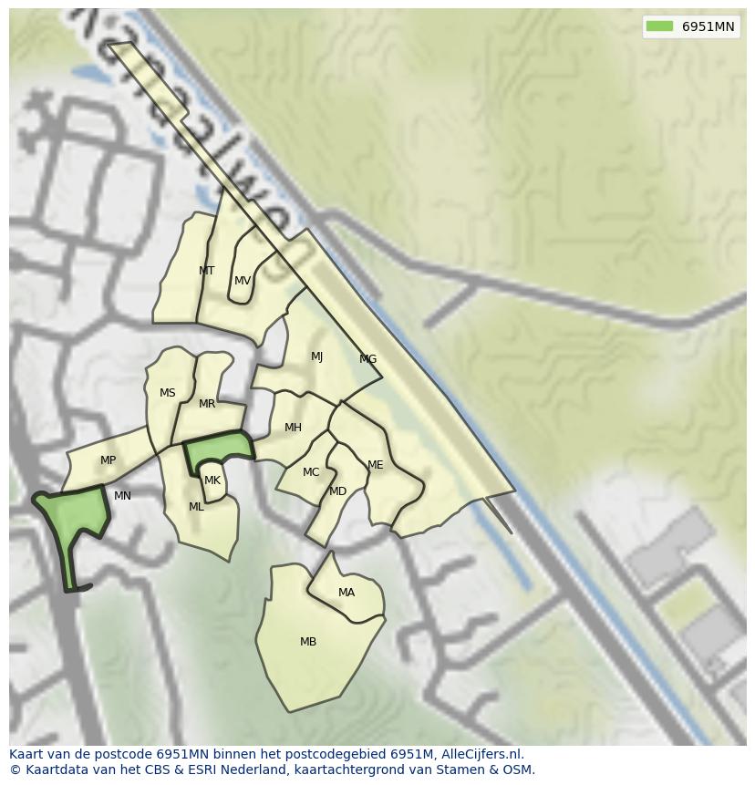 Afbeelding van het postcodegebied 6951 MN op de kaart.