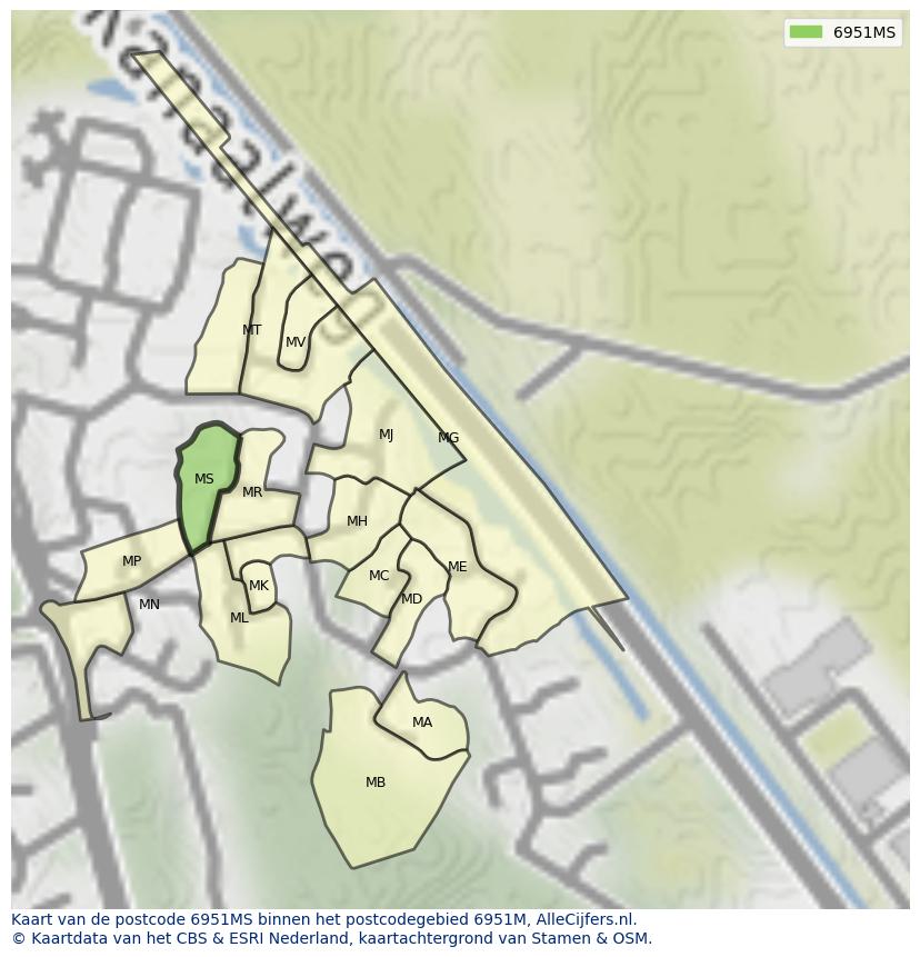 Afbeelding van het postcodegebied 6951 MS op de kaart.