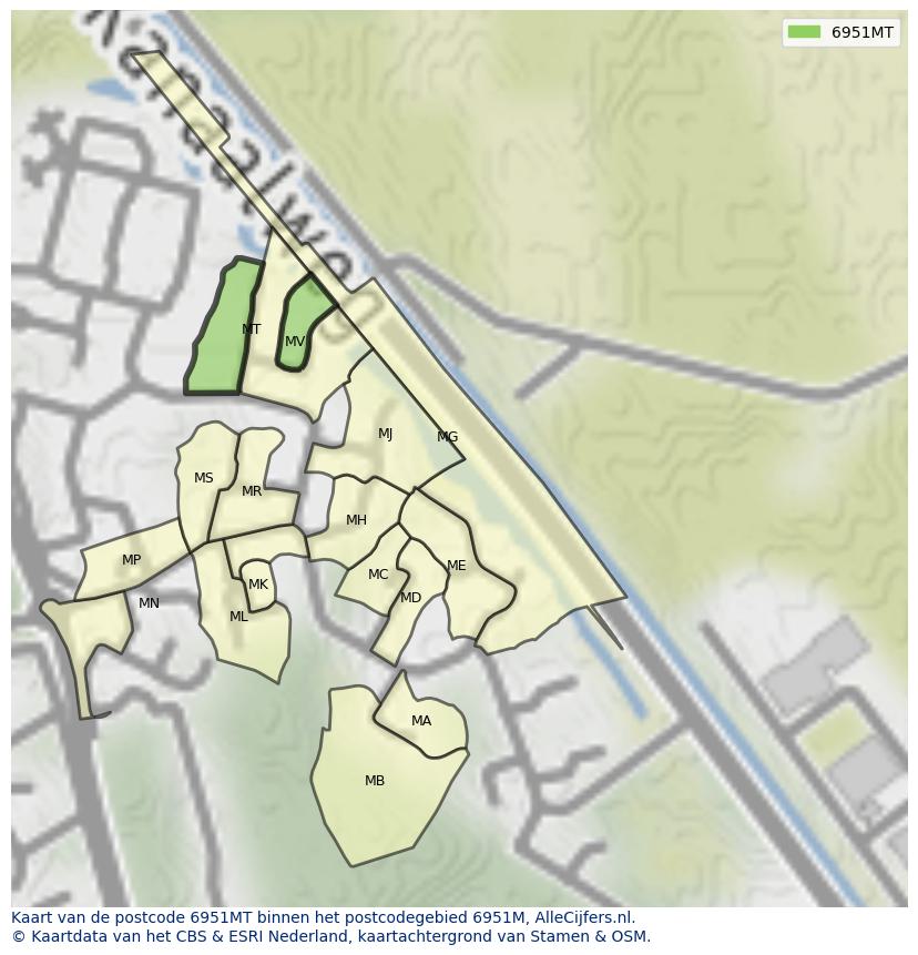 Afbeelding van het postcodegebied 6951 MT op de kaart.