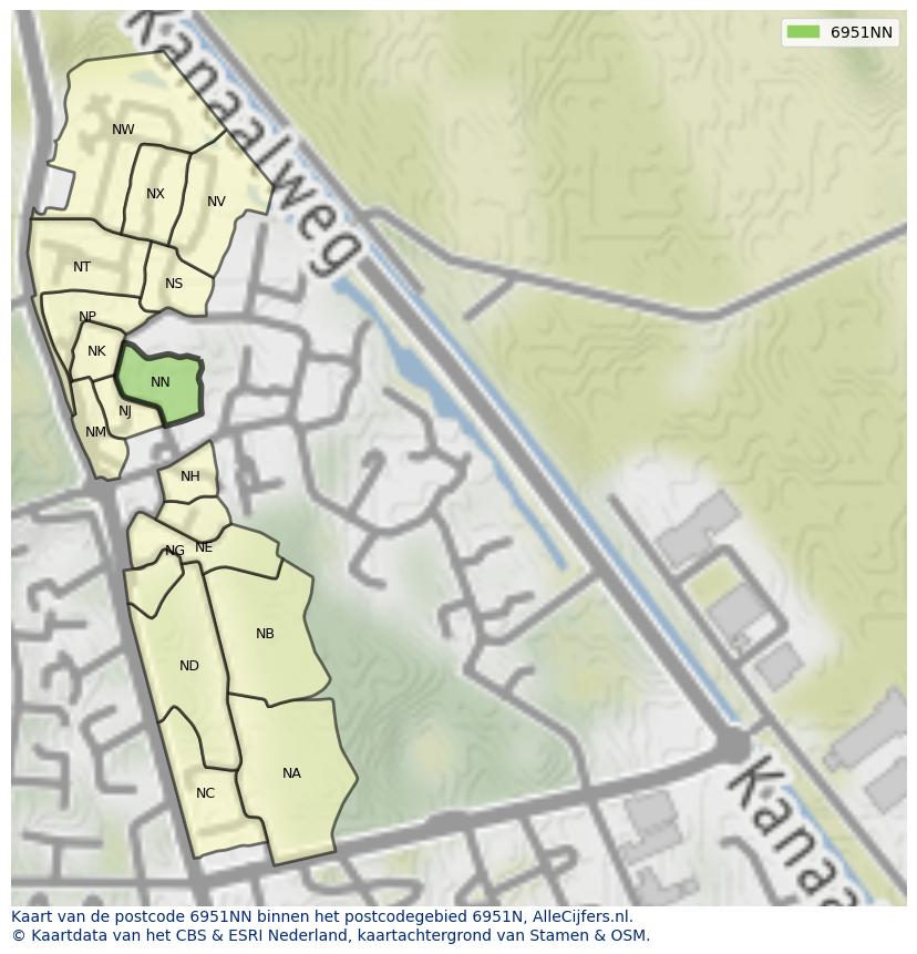 Afbeelding van het postcodegebied 6951 NN op de kaart.