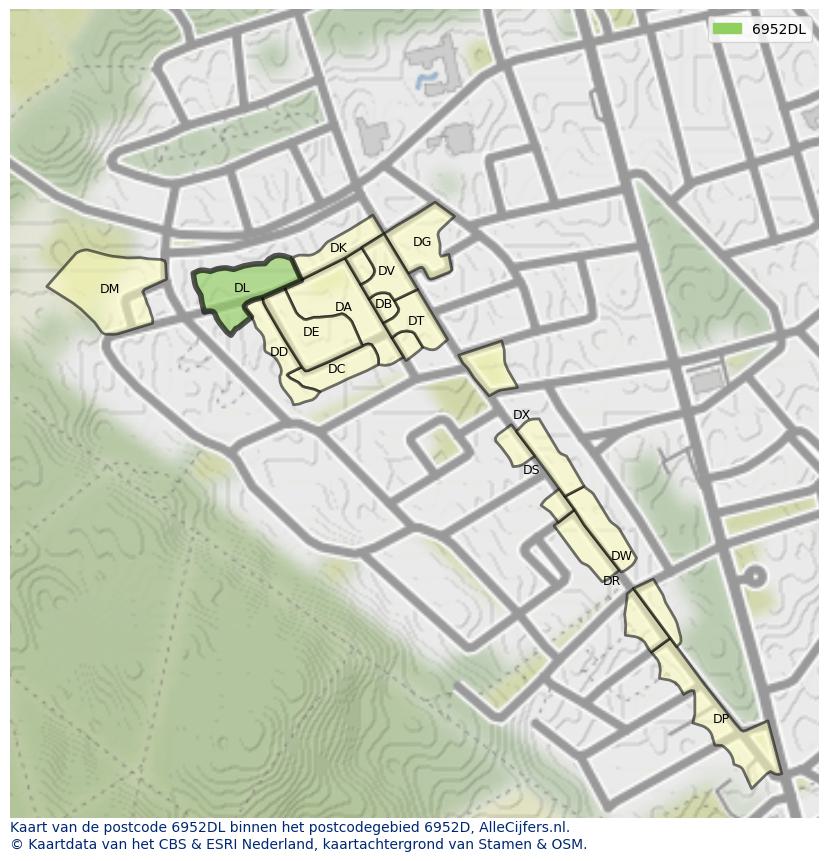Afbeelding van het postcodegebied 6952 DL op de kaart.