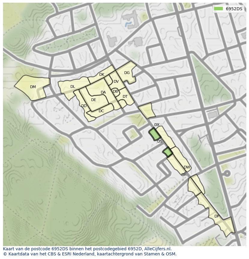 Afbeelding van het postcodegebied 6952 DS op de kaart.