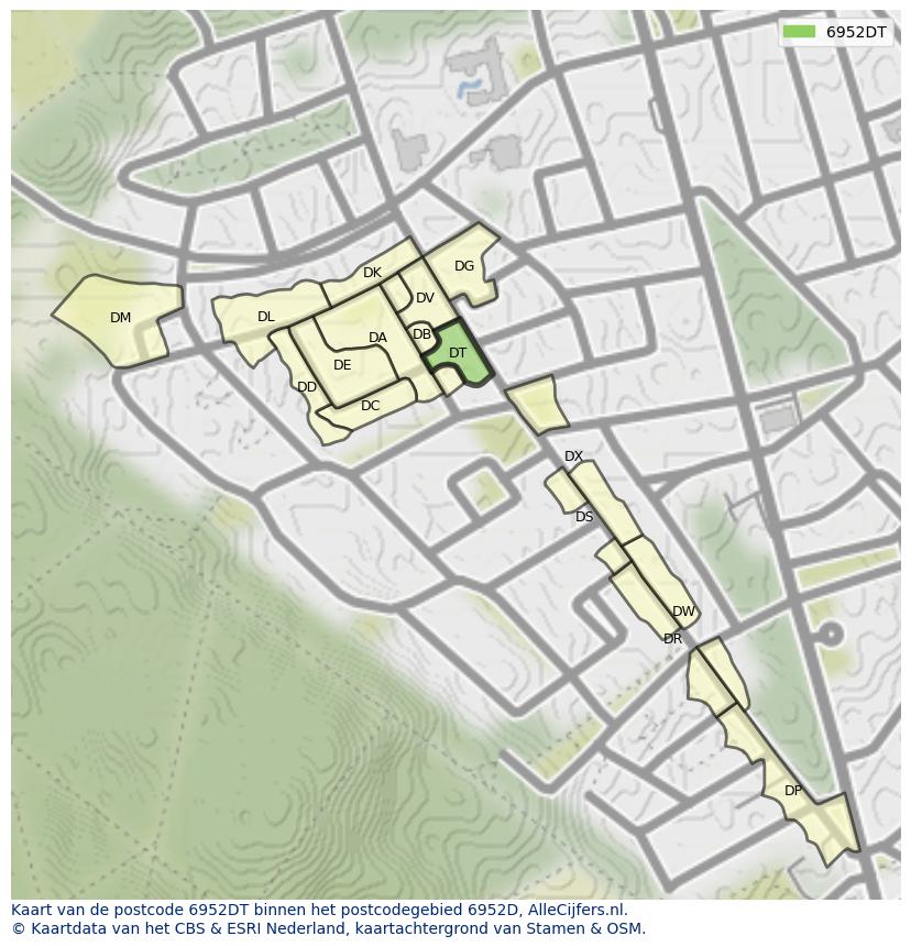 Afbeelding van het postcodegebied 6952 DT op de kaart.