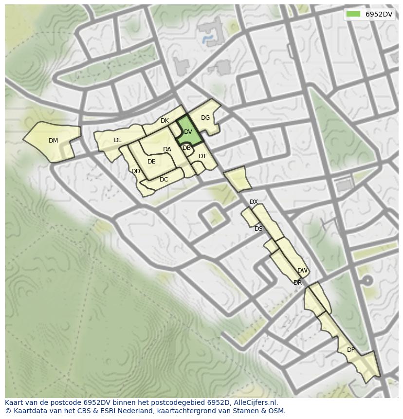 Afbeelding van het postcodegebied 6952 DV op de kaart.