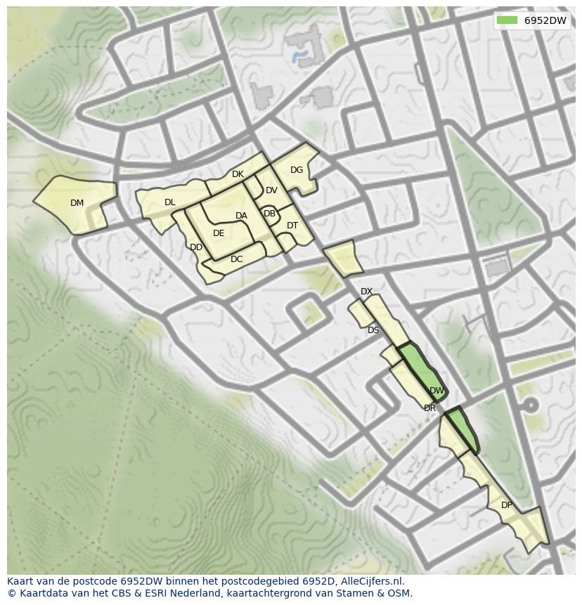 Afbeelding van het postcodegebied 6952 DW op de kaart.