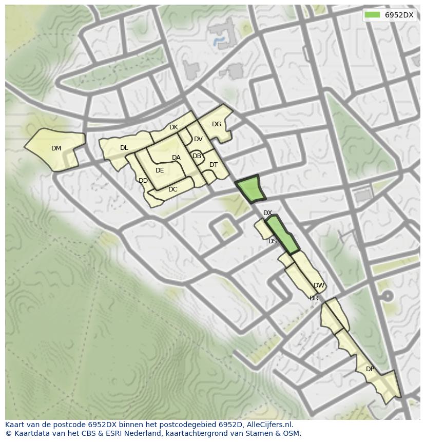 Afbeelding van het postcodegebied 6952 DX op de kaart.