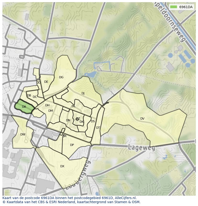 Afbeelding van het postcodegebied 6961 DA op de kaart.