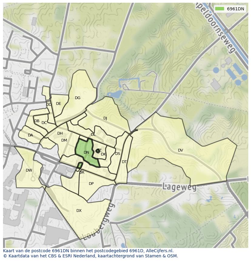 Afbeelding van het postcodegebied 6961 DN op de kaart.