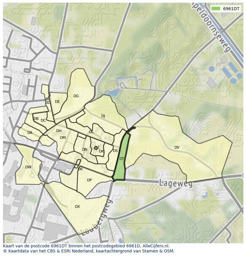 Afbeelding van het postcodegebied 6961 DT op de kaart.