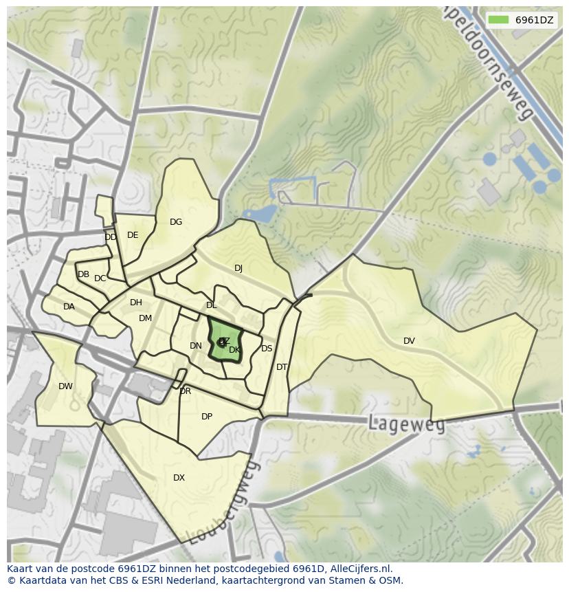 Afbeelding van het postcodegebied 6961 DZ op de kaart.