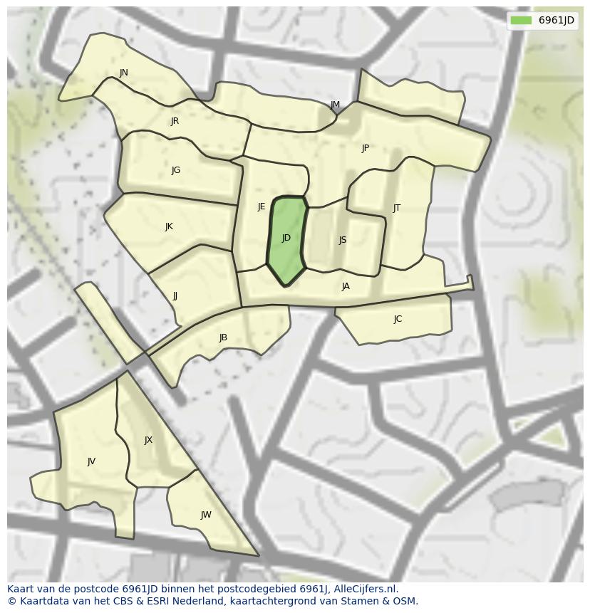 Afbeelding van het postcodegebied 6961 JD op de kaart.