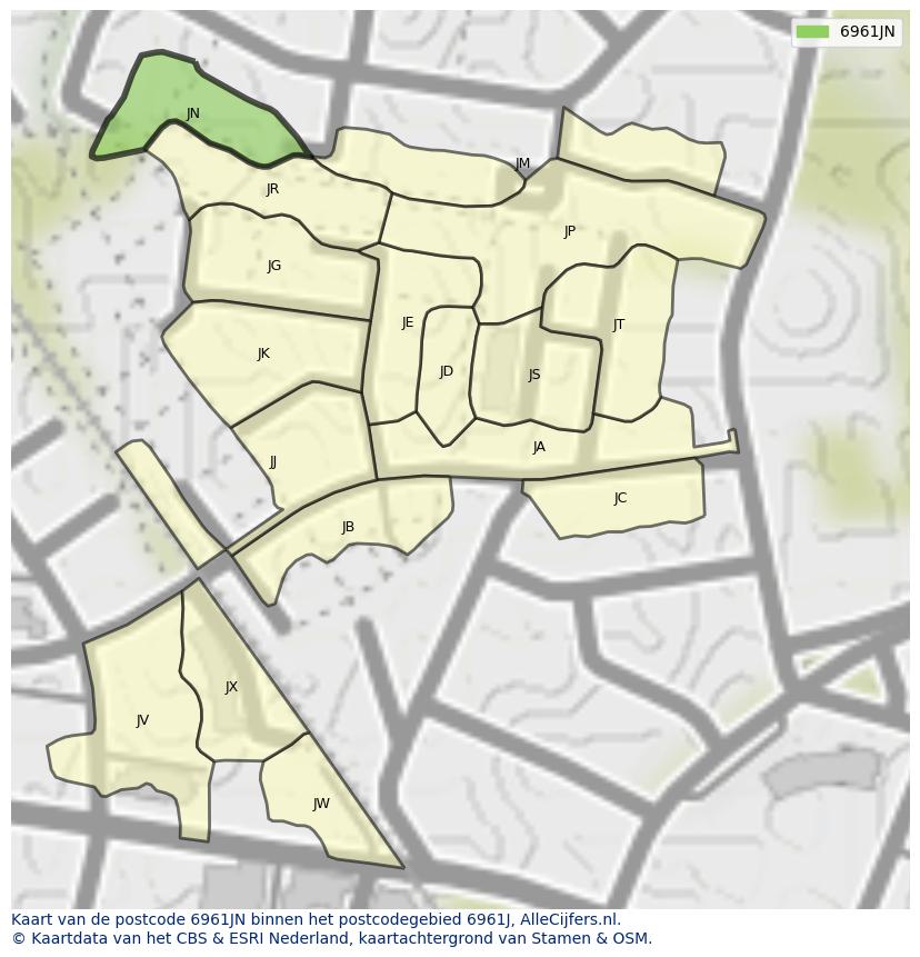 Afbeelding van het postcodegebied 6961 JN op de kaart.