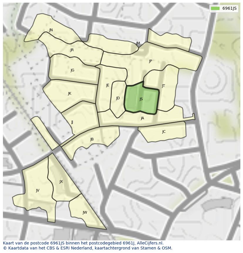 Afbeelding van het postcodegebied 6961 JS op de kaart.