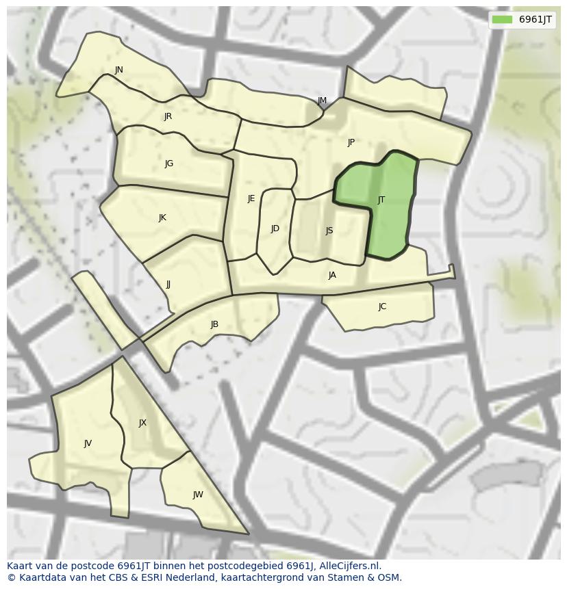 Afbeelding van het postcodegebied 6961 JT op de kaart.