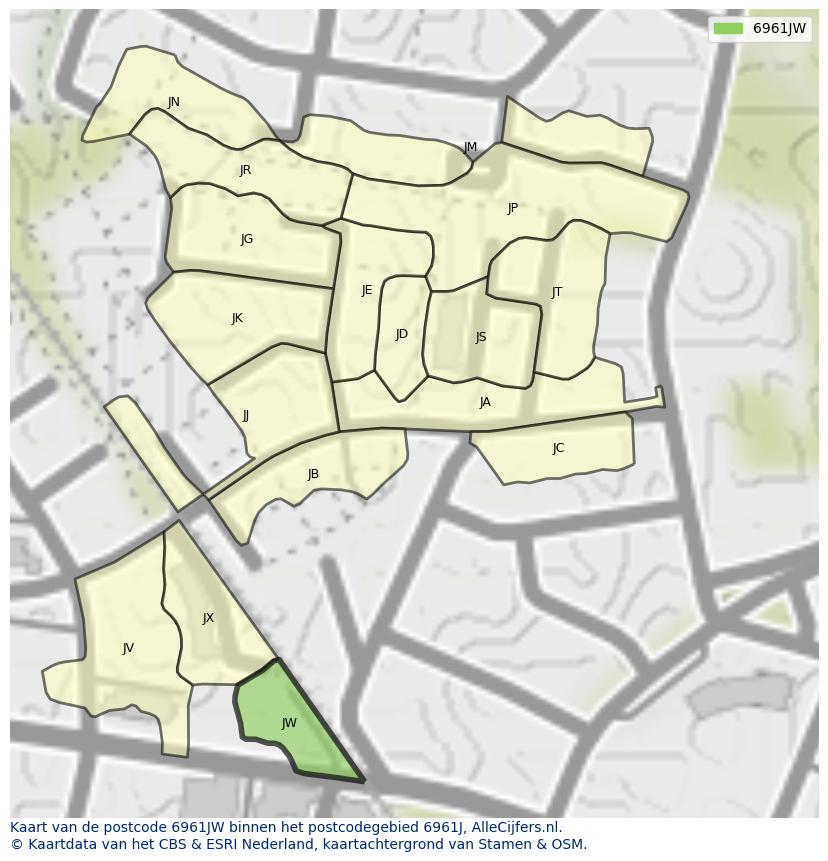Afbeelding van het postcodegebied 6961 JW op de kaart.