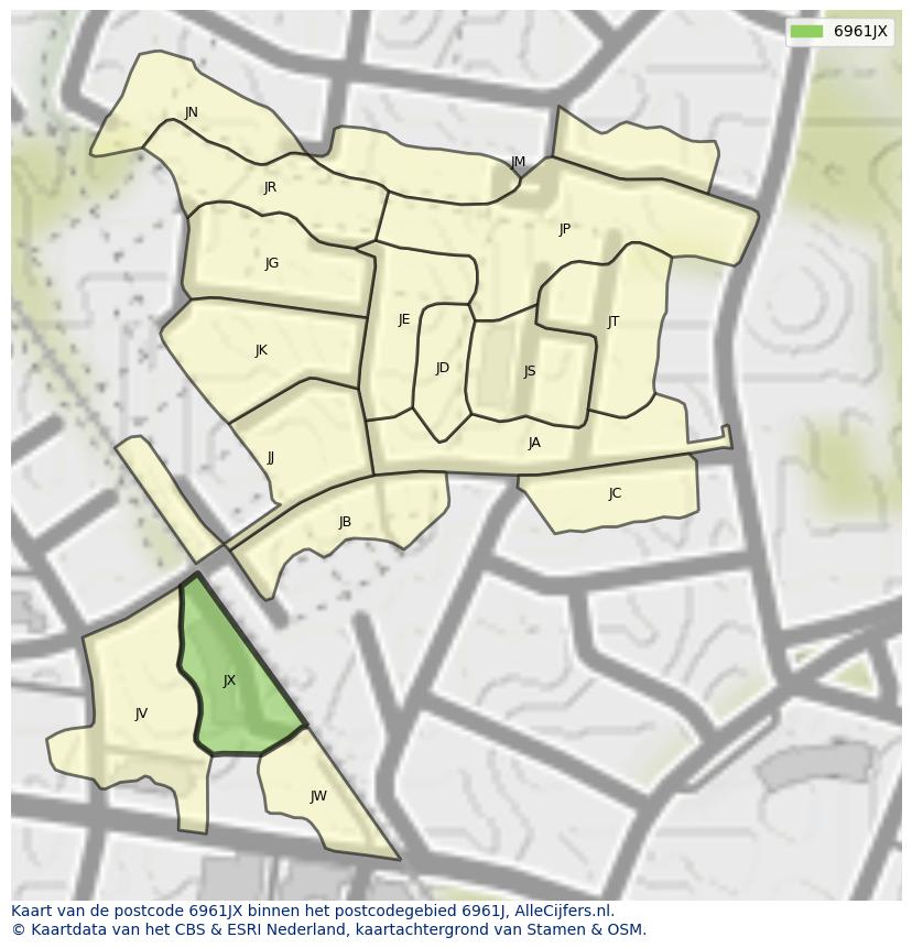 Afbeelding van het postcodegebied 6961 JX op de kaart.