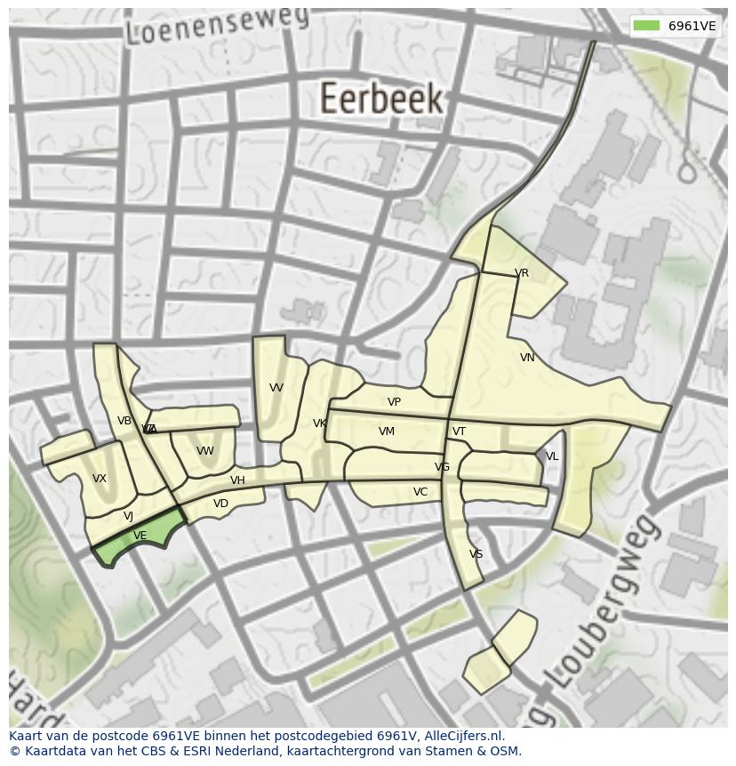 Afbeelding van het postcodegebied 6961 VE op de kaart.