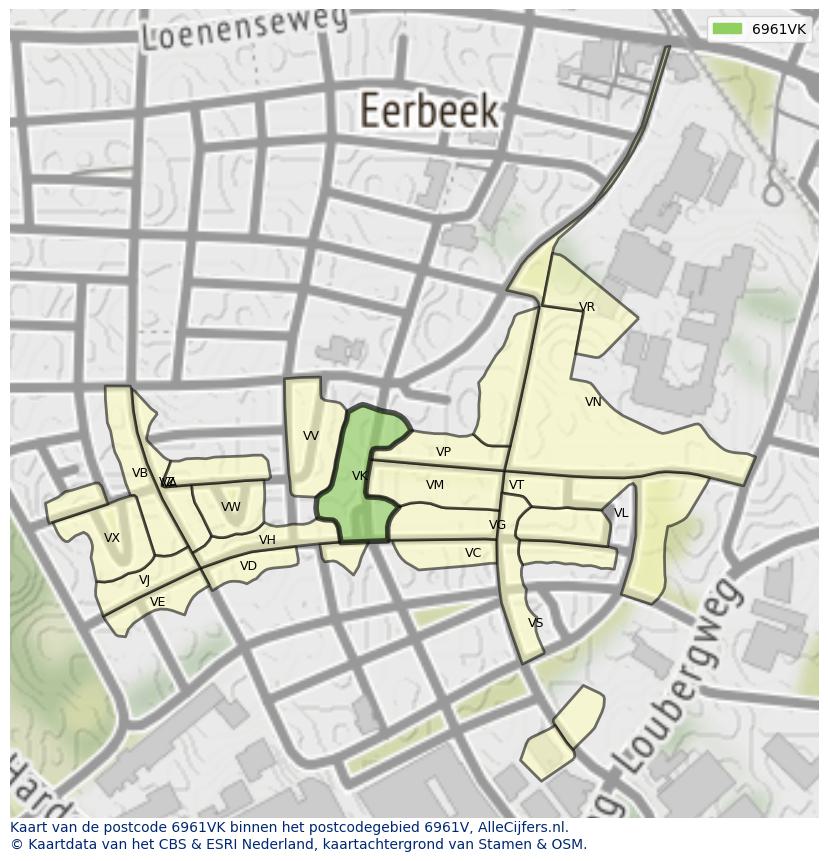 Afbeelding van het postcodegebied 6961 VK op de kaart.