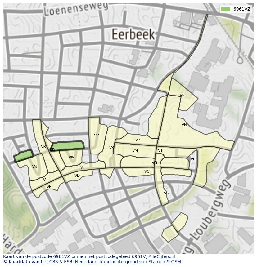 Afbeelding van het postcodegebied 6961 VZ op de kaart.