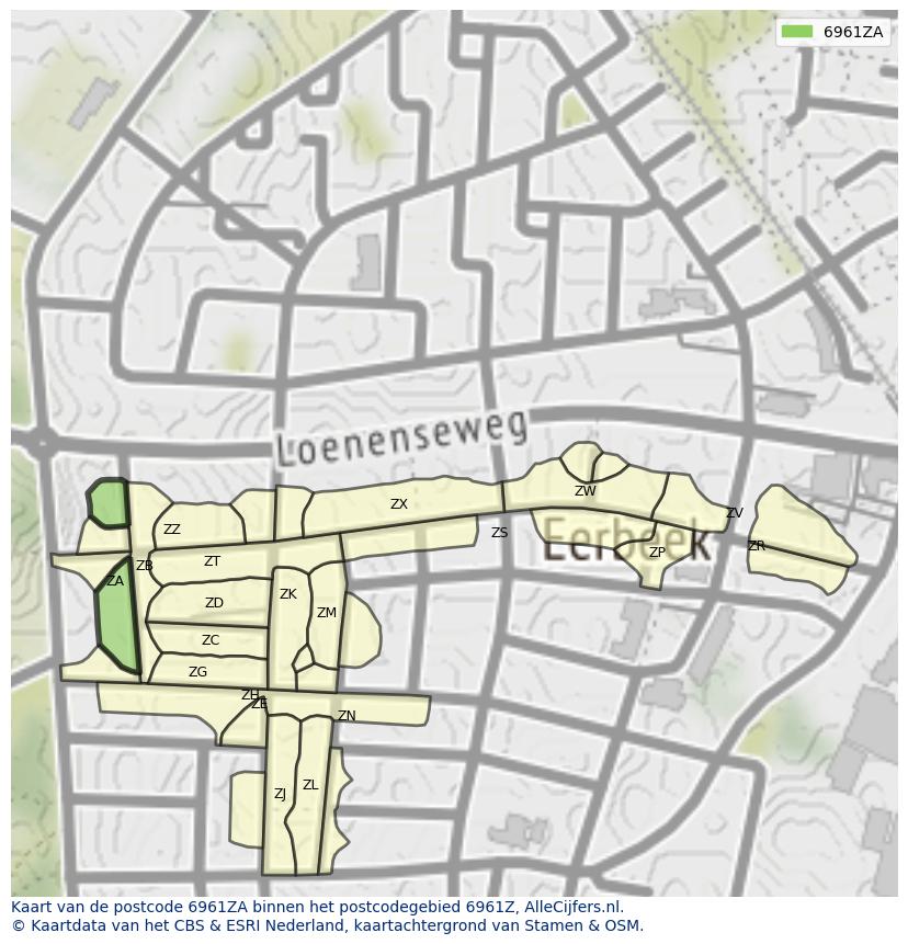 Afbeelding van het postcodegebied 6961 ZA op de kaart.