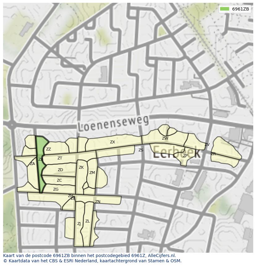 Afbeelding van het postcodegebied 6961 ZB op de kaart.