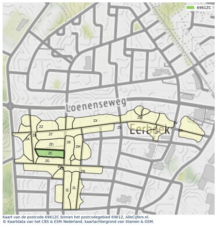 Afbeelding van het postcodegebied 6961 ZC op de kaart.