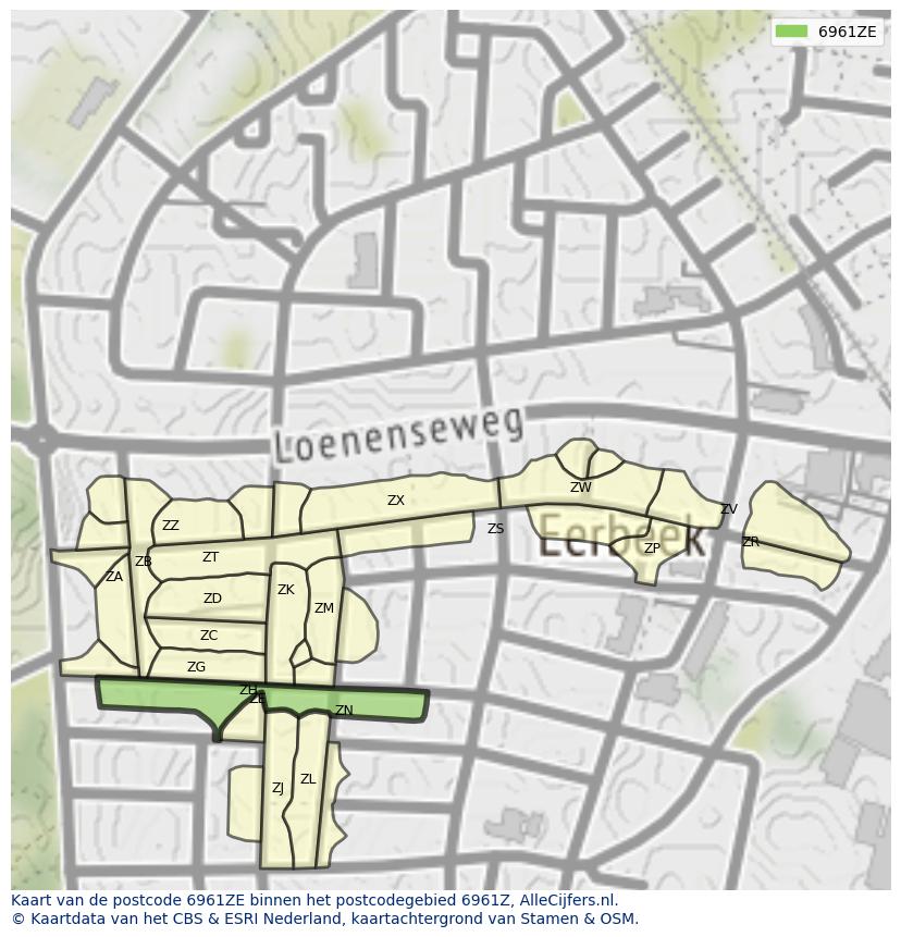 Afbeelding van het postcodegebied 6961 ZE op de kaart.