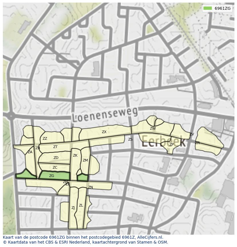 Afbeelding van het postcodegebied 6961 ZG op de kaart.