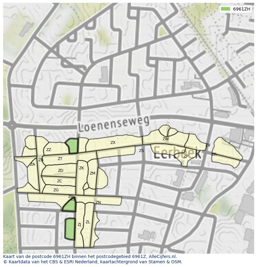 Afbeelding van het postcodegebied 6961 ZH op de kaart.