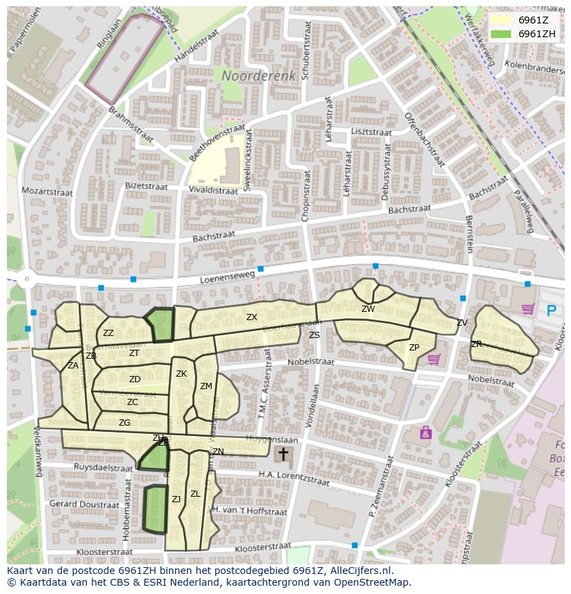 Afbeelding van het postcodegebied 6961 ZH op de kaart.