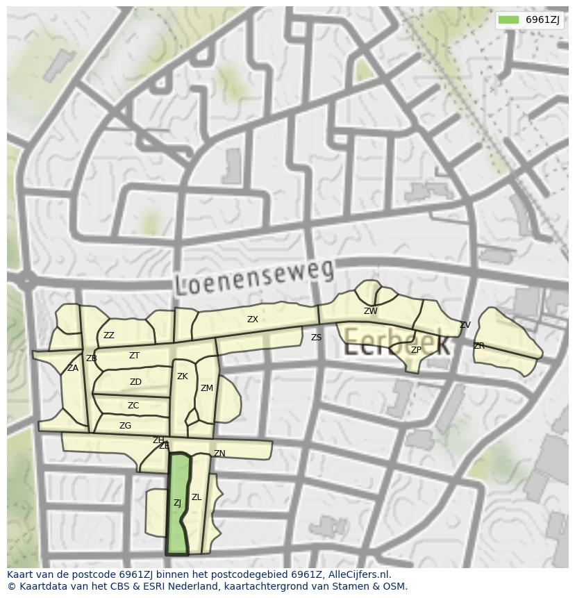 Afbeelding van het postcodegebied 6961 ZJ op de kaart.
