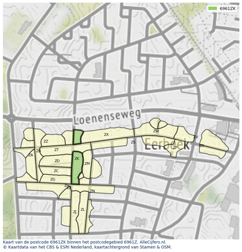 Afbeelding van het postcodegebied 6961 ZK op de kaart.