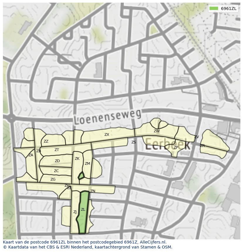 Afbeelding van het postcodegebied 6961 ZL op de kaart.