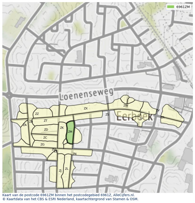 Afbeelding van het postcodegebied 6961 ZM op de kaart.